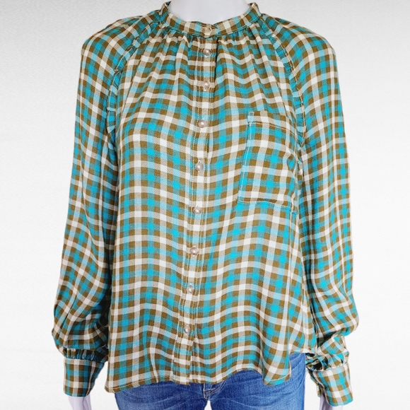 Anthropologie Pilcro Breezy Olive Turquoise  Checkered Flannel Button Down Small - Picture 4 of 12